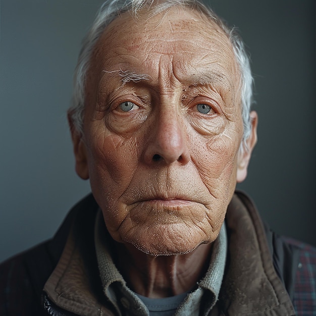 a man with a brown jacket and a brown scarf is standing in front of a gray wall