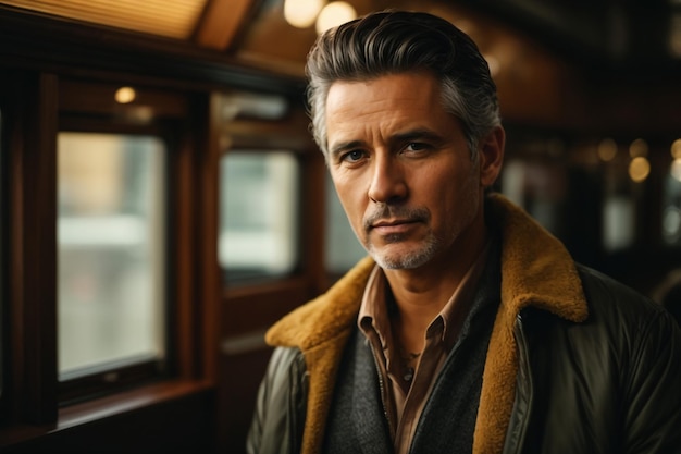 a man with a brown scarf and a brown vest stands in front of a train