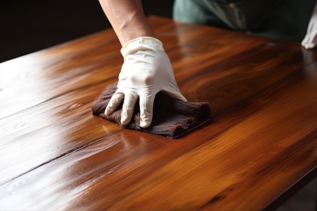 Man with brush applying wood stain onto wooden surface indoors closeup