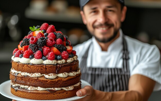 man with cake showing dessert on solid color background Bakery or happy birthday concept Space for