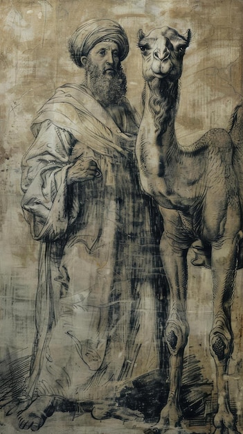 Photo man with a camel a study by leonardo da vinci