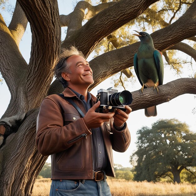 Photo a man with a camera and a bird on the tree