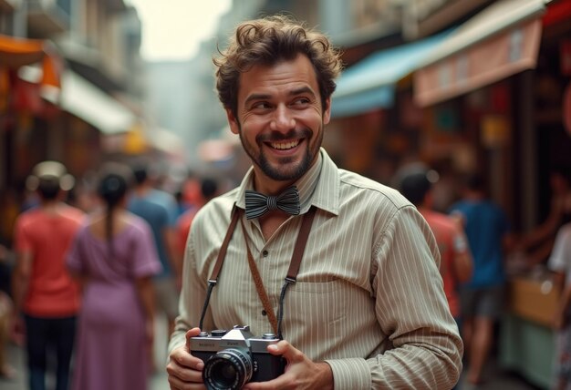 Photo a man with a camera and a bow tie smiles in a busy marketplace