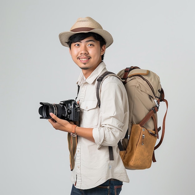 a man with a camera and a camera on his shoulder