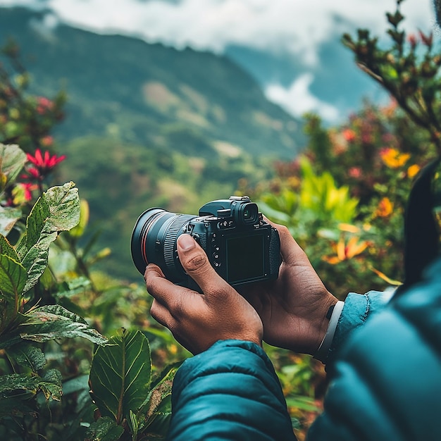 Photo man with a camera capturing nature