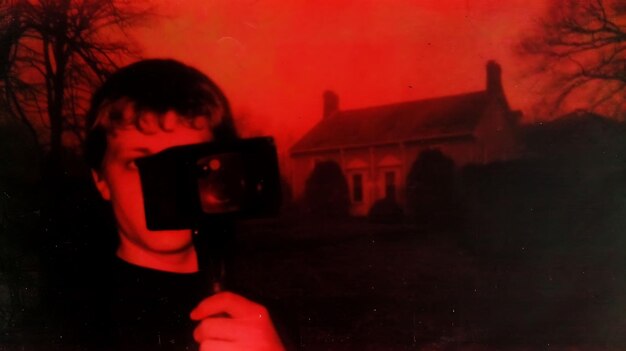 Photo man with camera in front of a house at night