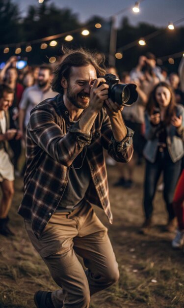 Photo a man with a camera is taking a picture of a crowd of people