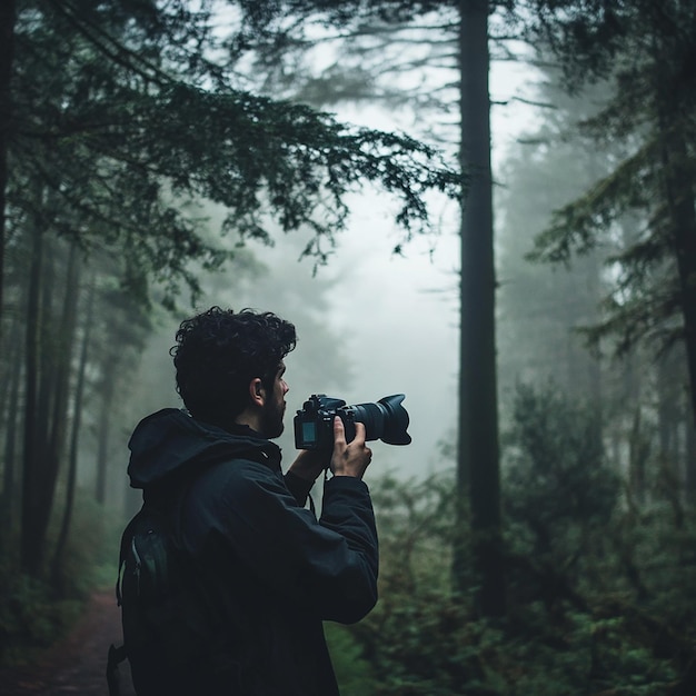 Man with Camera and Large Lens in Forest