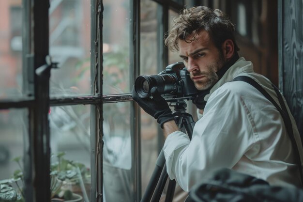 Photo man with camera looking out window