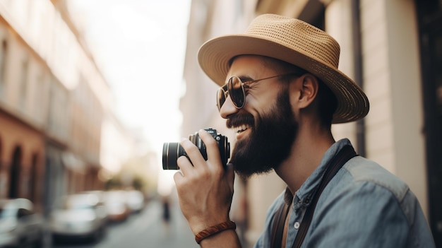 A man with a camera and sunglasses is smiling and is wearing a hat and sunglasses.