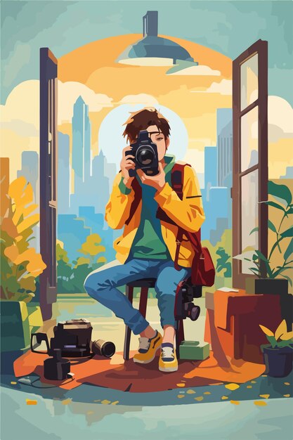 a man with a camera taking a photo in a city