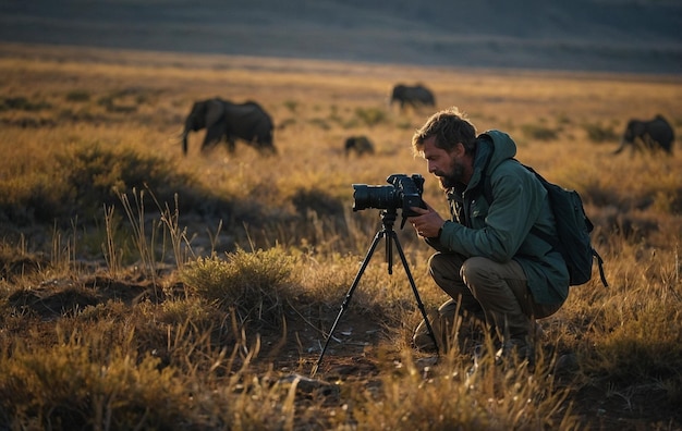 a man with a camera taking a picture of elephants