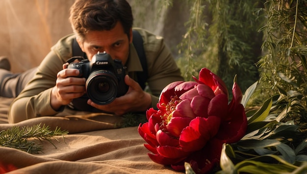 Photo a man with a camera taking a picture of flowers and a camera