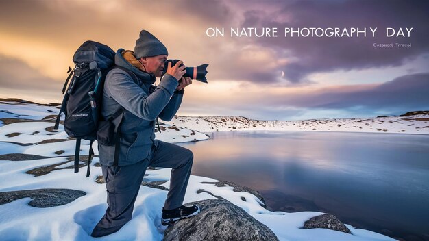 Photo a man with a camera taking a picture of a lake and mountains in the background