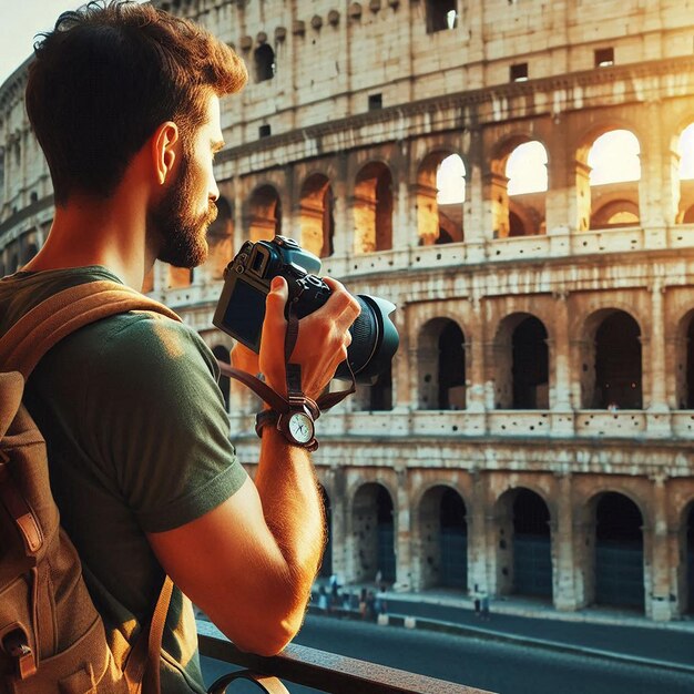 Photo a man with a camera taking a picture with a building in the background