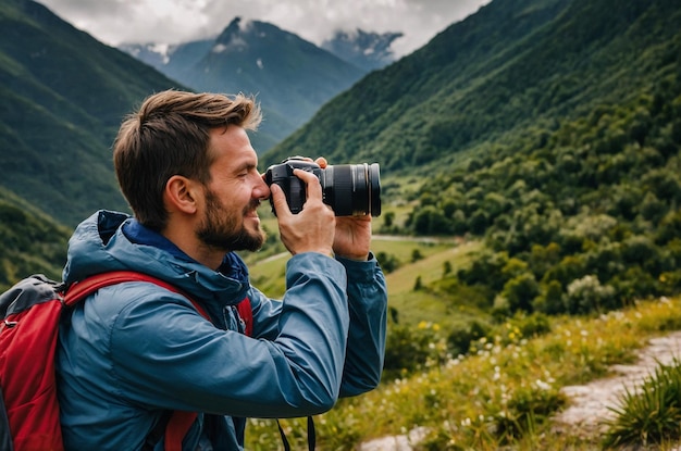 Photo a man with a camera taking a picture with mountains in the background