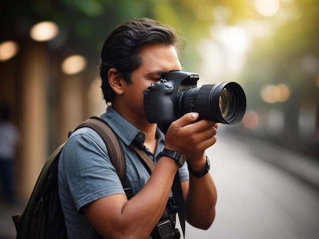 a man with a camera that has a camera in his hand