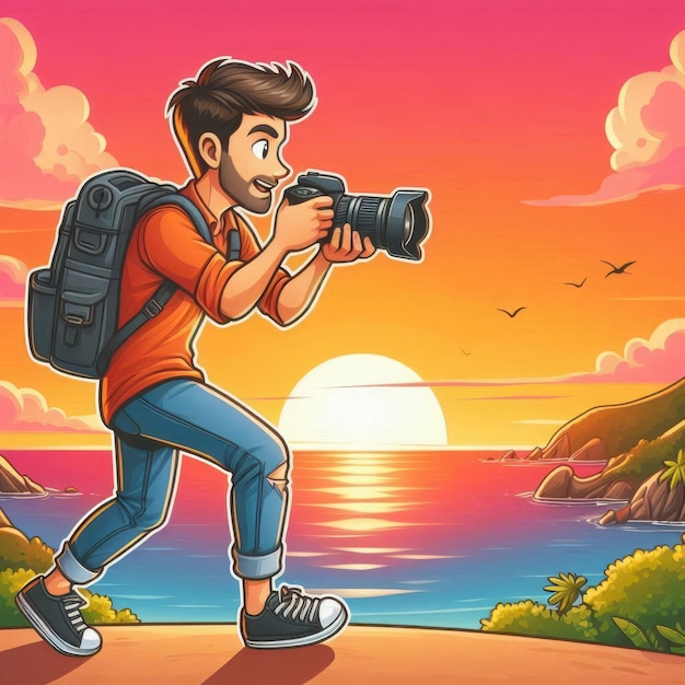 a man with a camera walking to take a picture