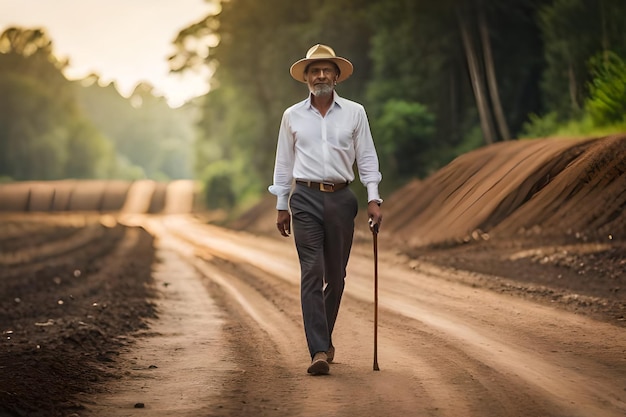 a man with a cane walks down a dirt road