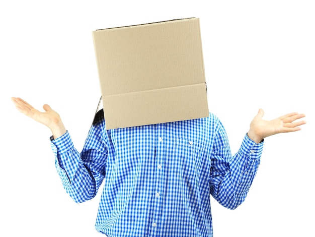 Man with cardboard box on his head isolated on white