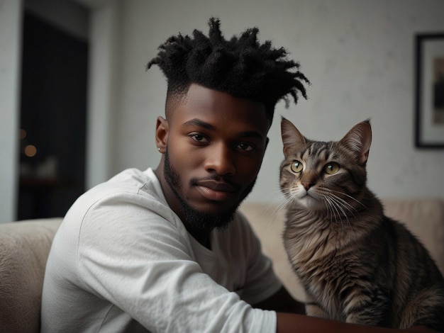 Photo a man with a cat next to him and a cat