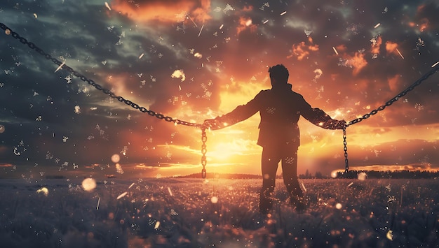 a man with a chain in his hands stands in front of a sunset background