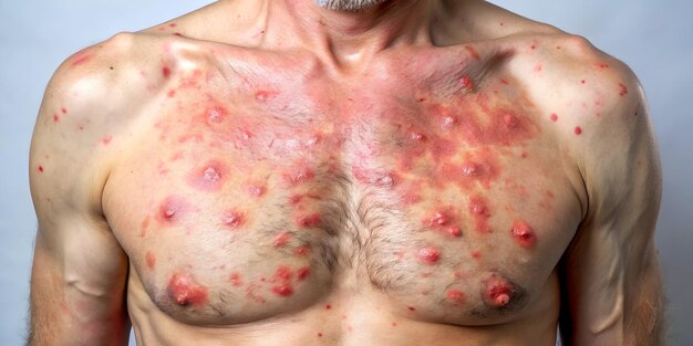 Photo man with chickenpox a closeup shot of a mans chest with numerous red raised bumps