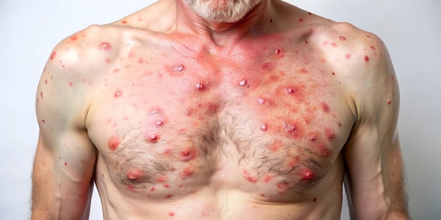 Man with Chickenpox A closeup shot of a mans chest with numerous red raised bumps