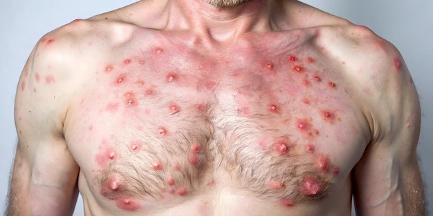 Man with Chickenpox A closeup shot of a mans chest with numerous red raised bumps