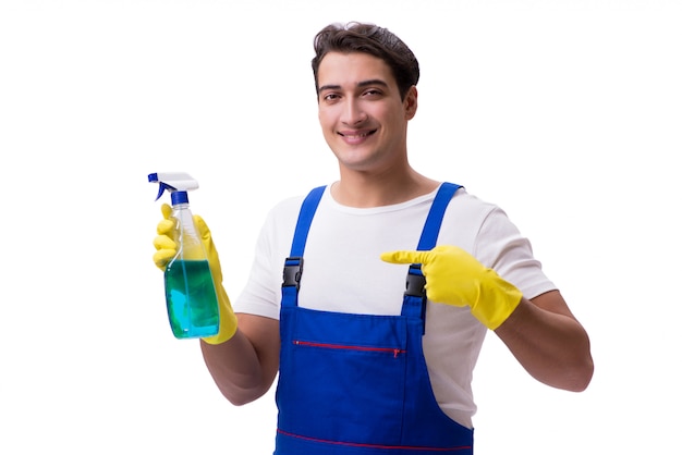 Man with cleaning agents isolated on white 