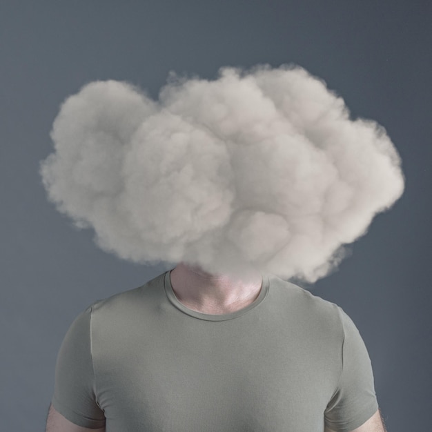 Photo man with cloud covering his face confusion concept