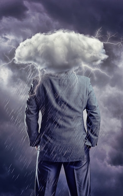 Man with cloud instead of head isolated on gray