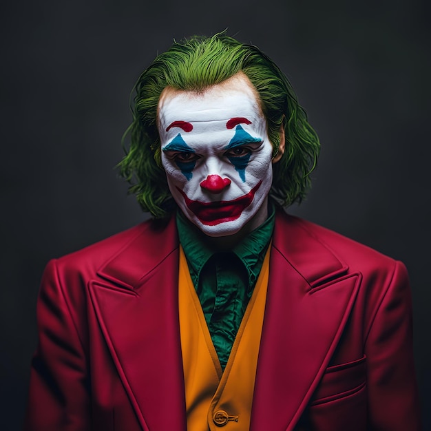 Photo a man with a clown face and a red jacket with the words comic book character on it