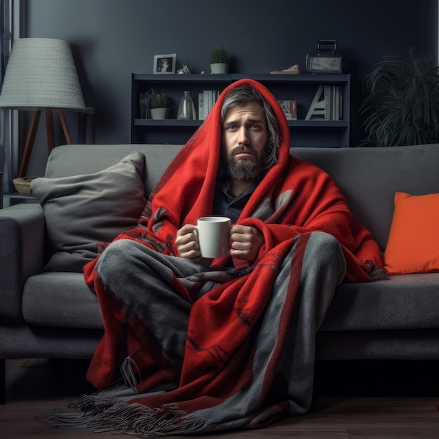 Man with a cold on the sofa at home