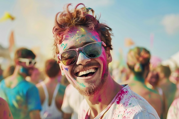 a man with a colorful face and sunglasses on his face