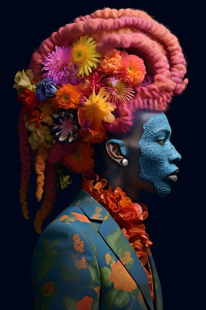 A man with a colorful hair decorated with flowers