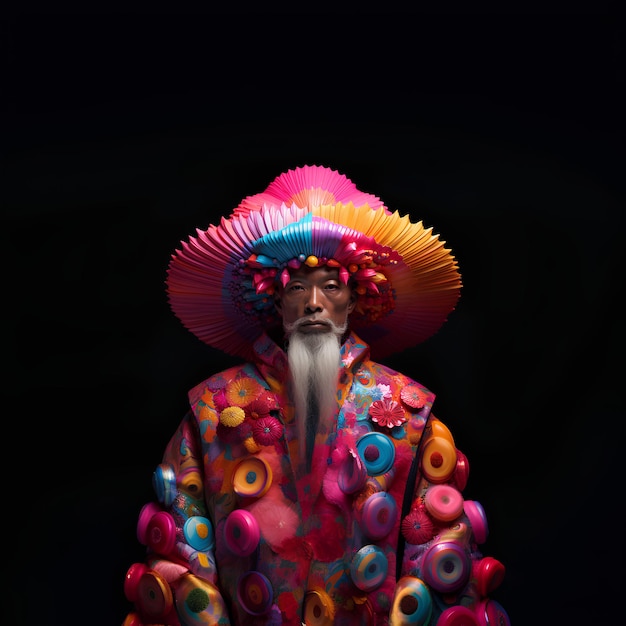 a man with a colorful hat is wearing a colorful costume with black background