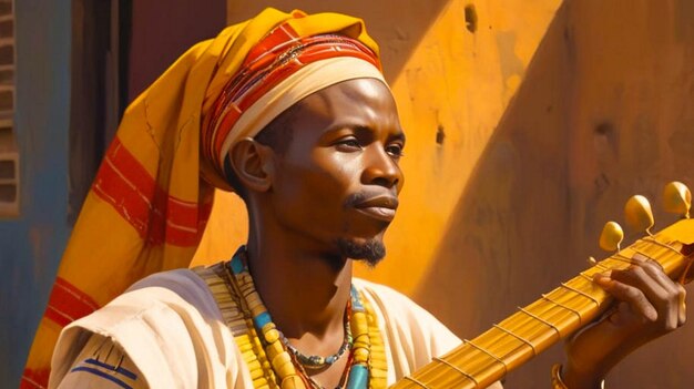 a man with a colorful headdress on is playing a guitar