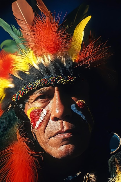 Man with colorful headpiece on that has orange yellow and green feathers as well as painted face