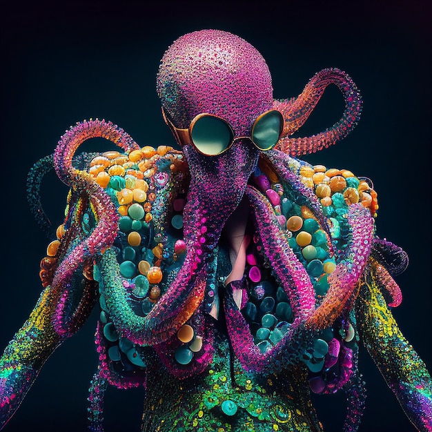 A man with a colorful octopus costume and glasses.