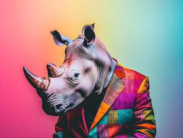 a man with a colorful shirt on and a rhino mask on his head