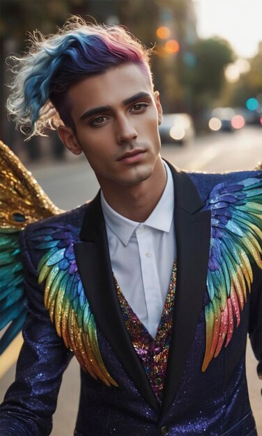 a man with a colorful wings on his jacket