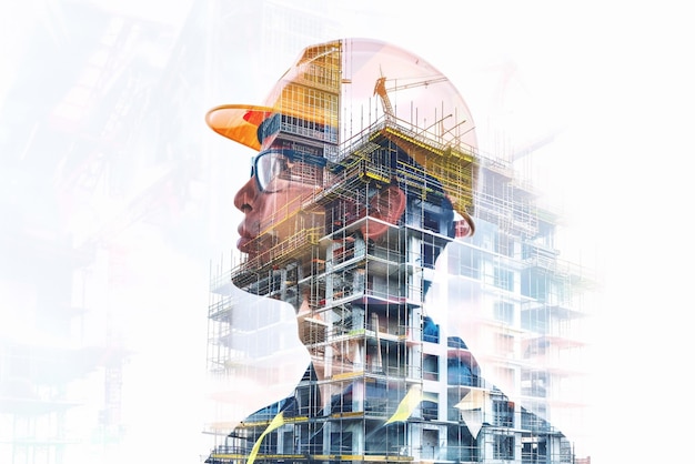 a man with a construction hat on his head is in front of a building with a building in the backgroun