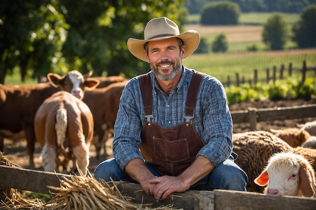 a man with a cowboy hat sits in front of some cows