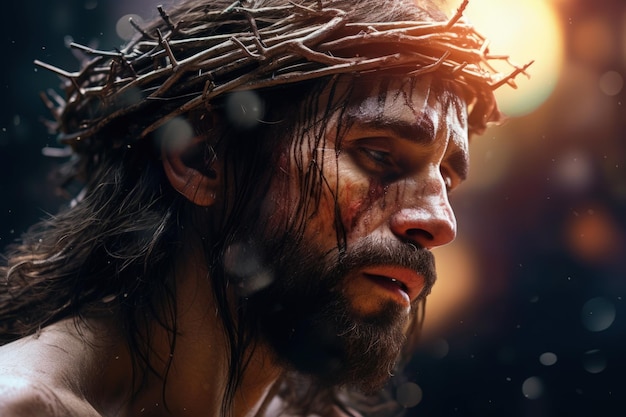 A man with a crown of thorns on his head looks at the camera