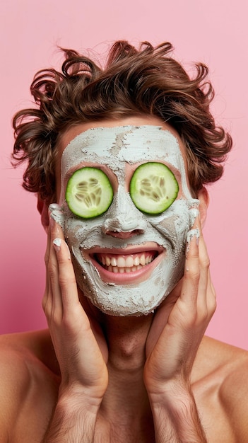 A man with cucumber slices placed on his face likely for a skincare treatment or rejuvenation