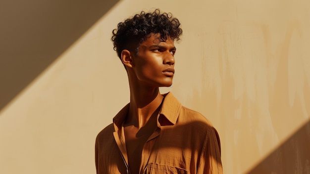 a man with curly hair and a collar is standing in front of a wall