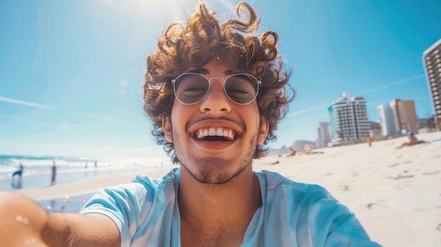 A man with curly hair and glasses is smiling at the camera on a beach