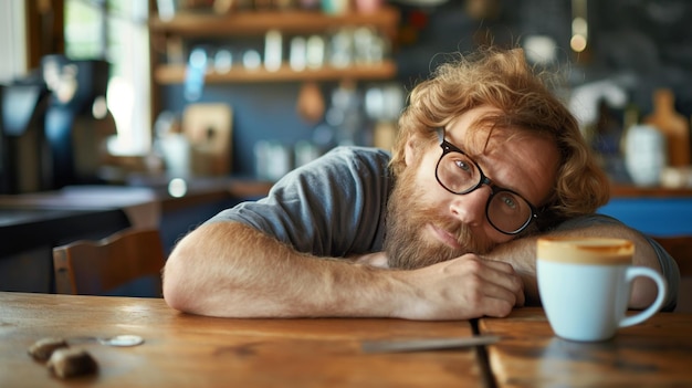 Photo a man with curly hair and glasses rests his head on the wooden table in a cozy coffee shop with a steaming cup of coffee nearby enjoying a tranquil afternoon atmosphere