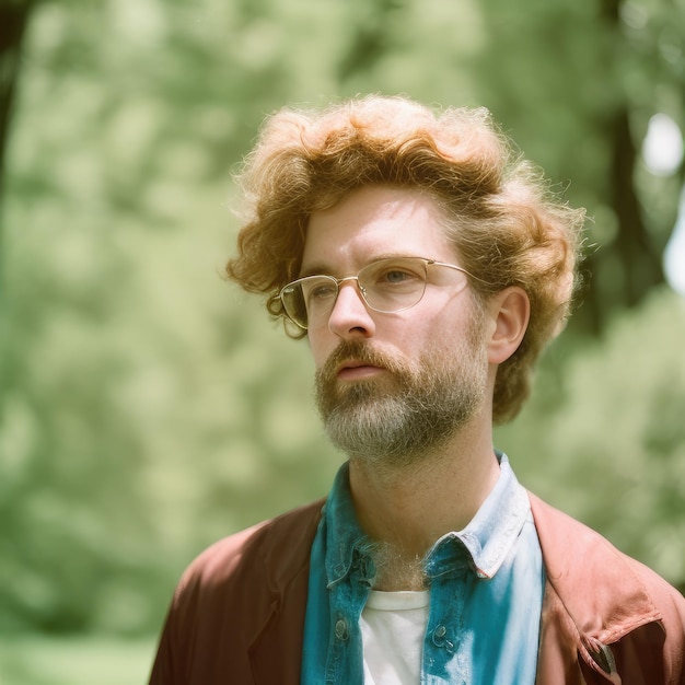 A man with curly hair and glasses stands in a park.